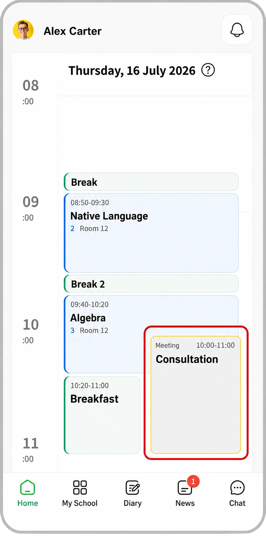 Timetable in the Mojo mobile app