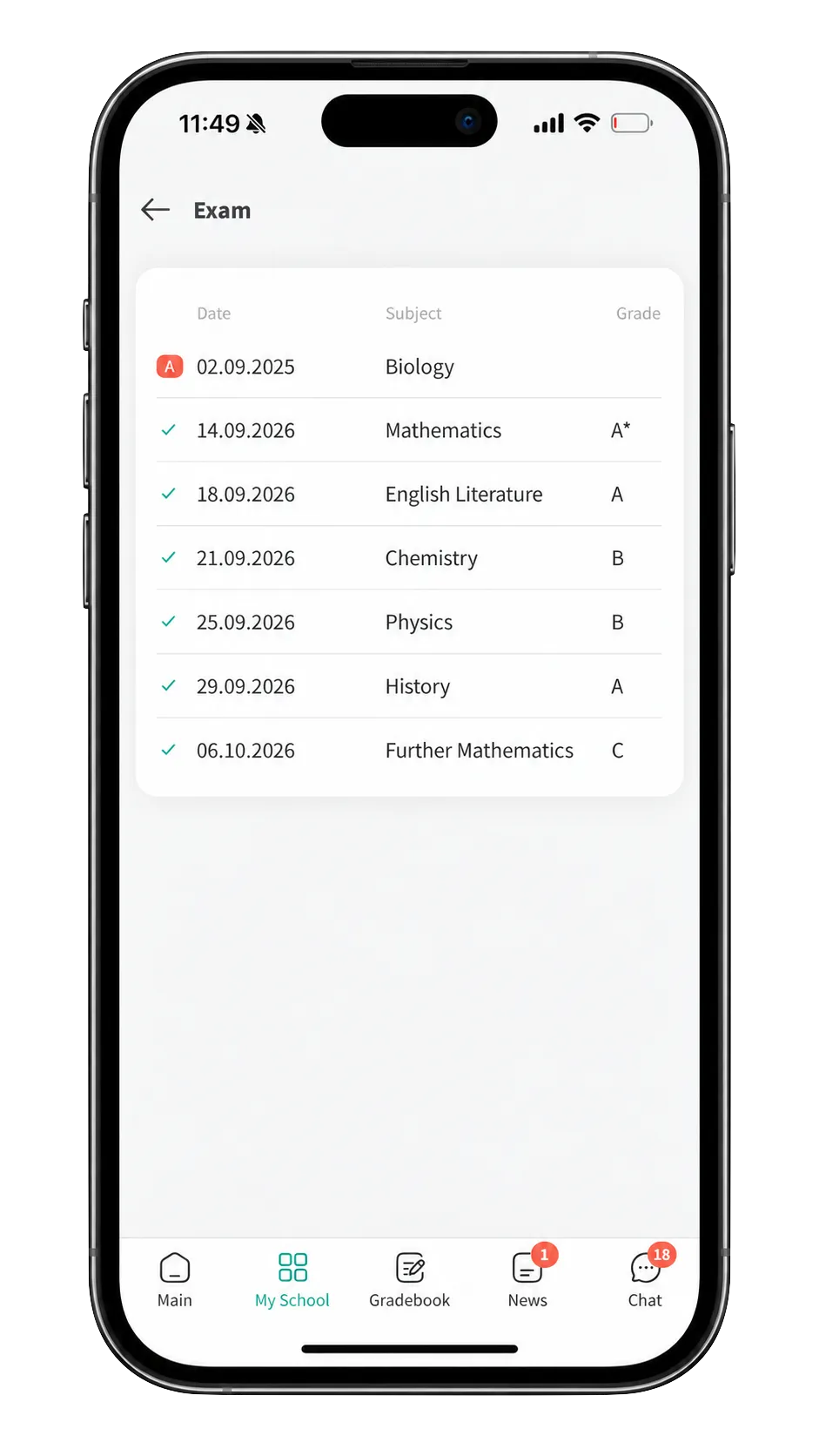 Exam information on mobile