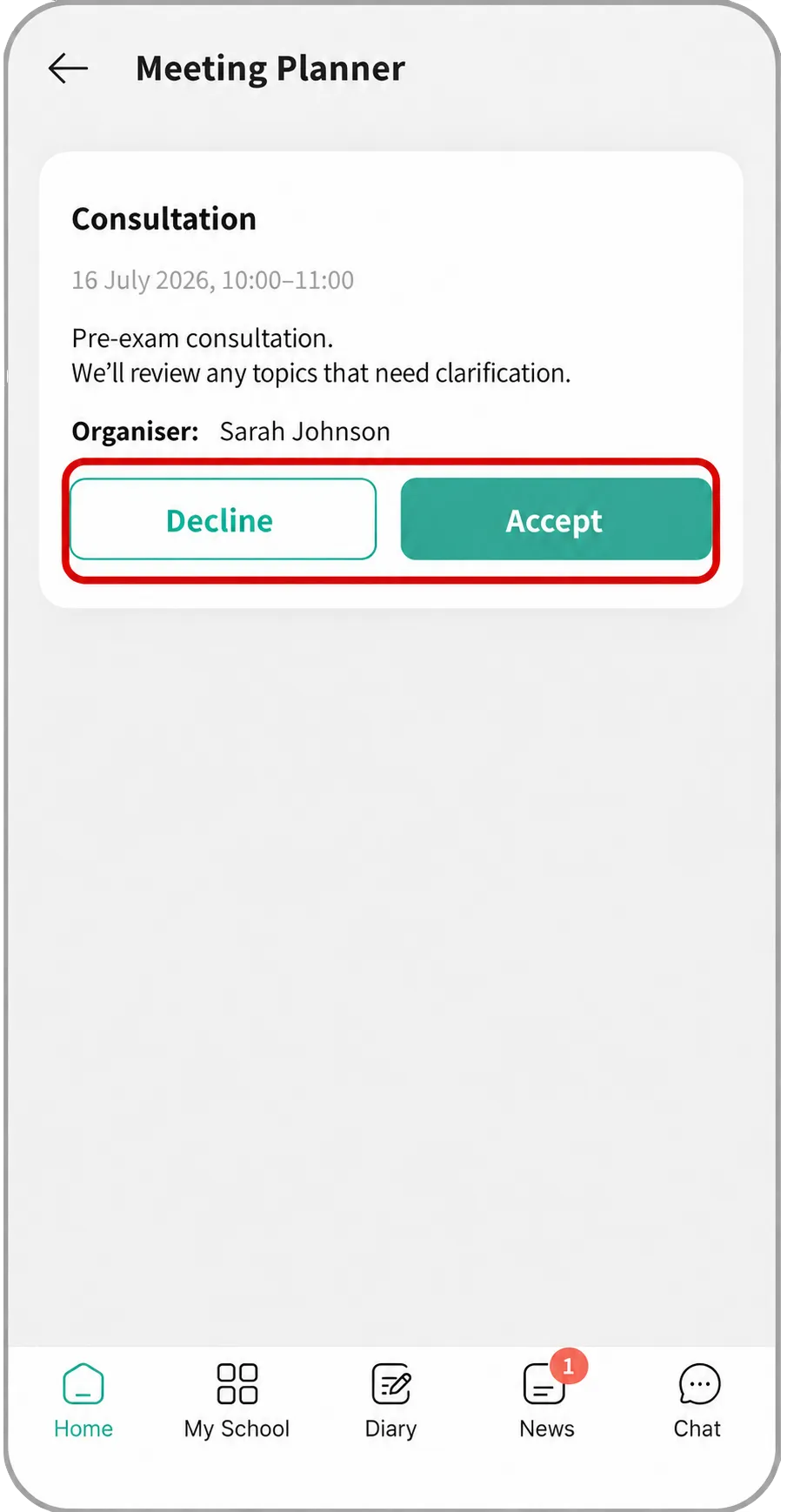 Meeting invitation in the Mojo mobile app
